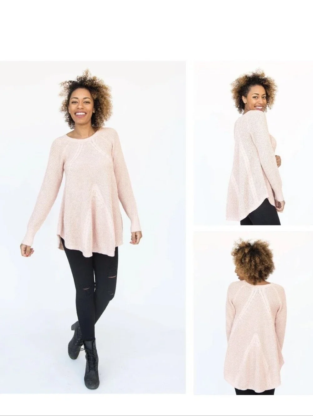 Agnes & Dora Pink Cable Knit Tunic Sweater Empire Loose Babydoll Pastel Small